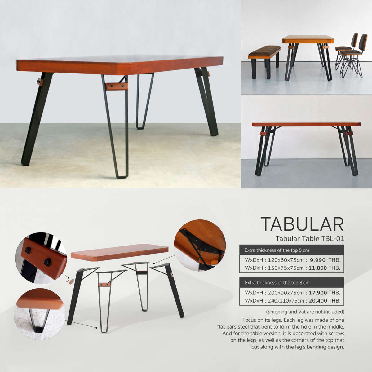 Tabular Dining Table (TBL-01) | Angled Wood Top, 5-8 cm Thick